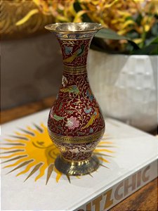 Vaso - Decorativo - Latão - Vermelho e Colorido - 19CM