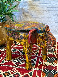 Banqueta - Elefante - Madeira - Pintado à mão - Amarelo e Colorido - 37cm