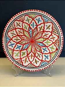 Prato de Parede Pequeno - Tunísia - Decorativo - Cerâmica - Pintado à mão - Vermelho e Colorido