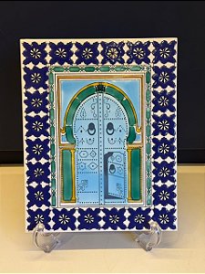 Quadro Azulejo - Tunísia - Sem Moldura - Azul e Verde - 25CM
