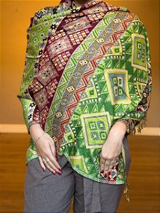 Pashmina de Viscose - Estampada - Verde e Colorido