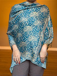 Pashmina de Viscose - Estampada - Turquesa e bege