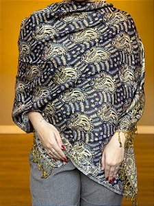 Pashmina de Viscose - Estampada - Preto e bege