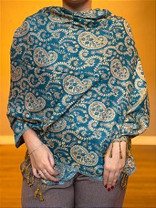 Pashmina de Viscose - Estampada - Turquesa e bege