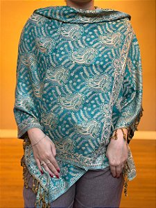 Pashmina de Viscose - Estampada - Turquesa e bege
