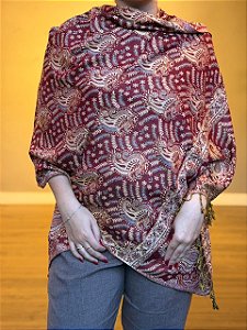 Pashmina de Viscose - Estampada - Vermelho queimado e bege