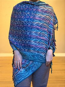 Pashmina de Viscose - Estampada - Azul e colorido