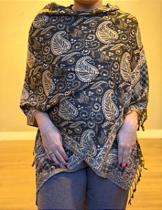 Pashmina de Viscose - Estampada - Preto e bege