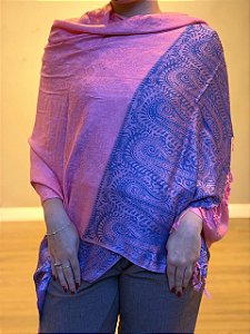Pashmina de Viscose - Estampada - Rosa e azul