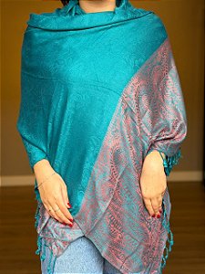 Pashmina de Viscose - Estampada - Turquesa e rosa