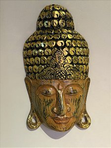 Cabeça Buda Esculpido - Madeira - Pintado à mão - Madeira e dourado