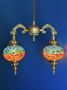 Luminária de Teto Turca - Médio - 2 Globos - Laranja e Azul