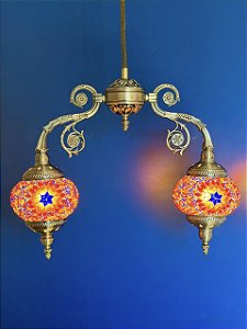 Luminária de Teto Turca - Médio - 2 Globos - Laranja e Colorido