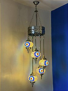 Luminária de Teto Turca 5 Globos Médios - Azul e Colorida