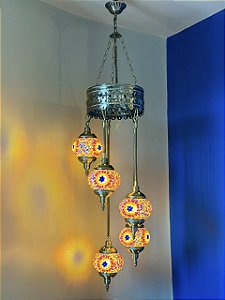 Luminária de Teto Turca 5 Globos Médios - Laranja e Colorida