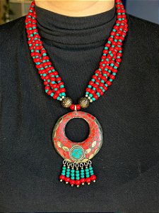 Colar Marroquino - Miçangas - Vermelho e Turquesa