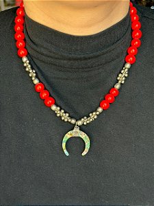 Colar - Resina e Madrepérola - Vermelho e Prata