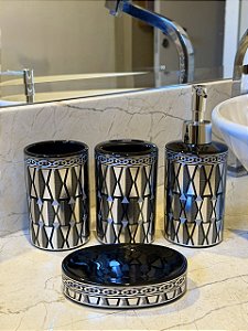 Kit Saboneteira - Cerâmica - Preto e Prata