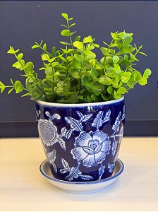 Cachepot em Cerâmica - Flores - Azul Escuro e Branco - 12,5CM