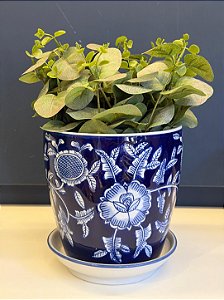 Cachepot em Cerâmica - Flores - Azul Escuro e Branco - 16CM