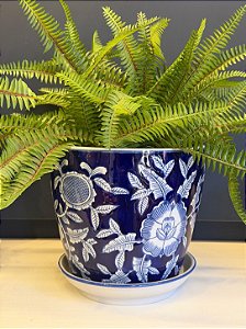 Cachepot em Cerâmica - Flores - Azul Escuro e Branco - 20CM
