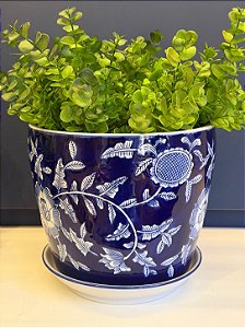 Cachepot em Cerâmica - Flores - Azul Escuro e Branco - 25CM