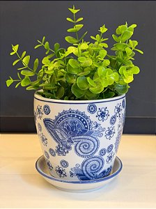 Cachepot em Cerâmica - Arabesco - Azul e Branco - 12,5CM