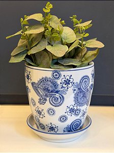 Cachepot em Cerâmica - Arabesco - Azul e Branco - 16CM