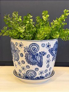 Cachepot em Cerâmica - Arabesco - Azul e Branco - 25CM