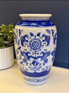 Vaso Cerâmica Azul e Branco 30CM