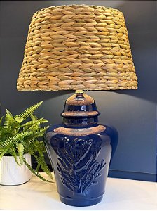 Abajur - Cerâmica - Coral - Azul com Cúpula de Palha