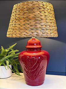 Abajur - Cerâmica - Coral - Marsala com Cúpula de Palha