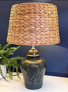 Abajur - Cerâmica - Coral - Verde com Cúpula de Palha