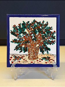 Quadro Azulejo - Tunísia - Sem Moldura - Verde, Marrom e Vermelho - 15CM