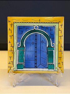 Quadro Azulejo - Tunísia - Sem Moldura - Amarelo, Azul e Verde - 15CM