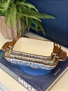 Kit de Travessas - Cerâmica - Azul, Branco e Marrom