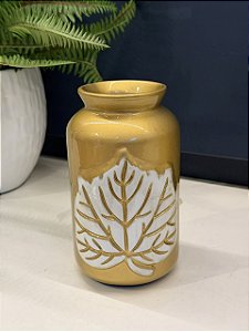 Vaso - Cerâmica - Dourado e Branco - Folha - 16CM