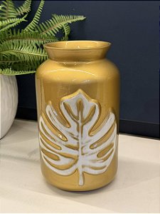 Vaso - Cerâmica - Dourado e Branco - Folha - 23CM