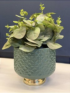 Cachepot em Ceramica - Turquesa e Dourado - 14CM