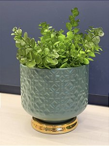 Cachepot em Ceramica - Turquesa e Dourado - 17CM