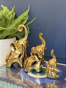 Trio Elefantes - Decorativo - Cerâmica - Dourado