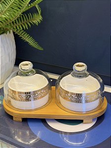 Petisqueira - Madeira, cerâmica e vidro - Branco e dourado