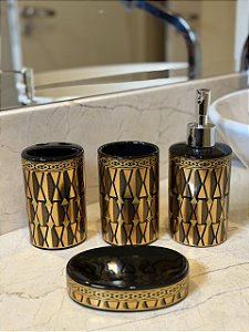 Kit Saboneteira - Cerâmica - Preto e Dourado