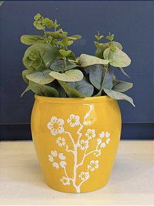 Cachepot em Cerâmica - Amarelo e Branco - 12CM