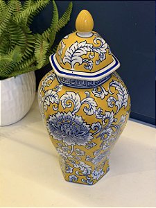 Potiche - Cerâmica - Amarelo, Azul e Branco - 36CM