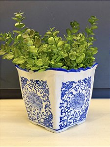 Cachepot em Cerâmica - Azul e Branco - 15CM