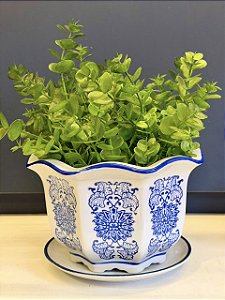 Cachepot em Cerâmica - Azul e Branco - 19CM