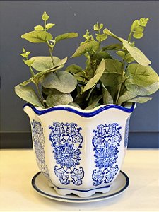 Cachepot em Cerâmica - Azul e Branco - 15CM