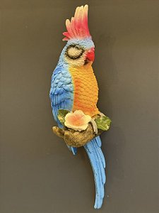 Escultura de Parede - Cacatua - Decorativa - Resina - Azul, Amarelo e Colorido