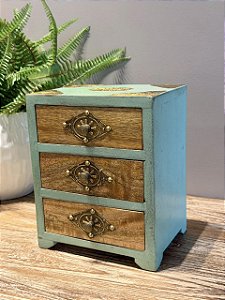 Mini Gaveteiro - Porta Joias - Madeira e Metal - Azul e Dourado - 13X17X20CM